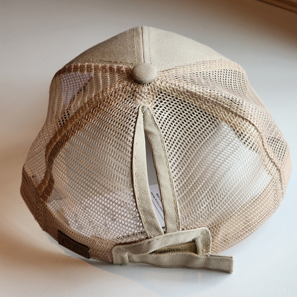 Tan Adjustable Mesh Snap Back LV Patch Ponytail Cap - Picture 2 of 3